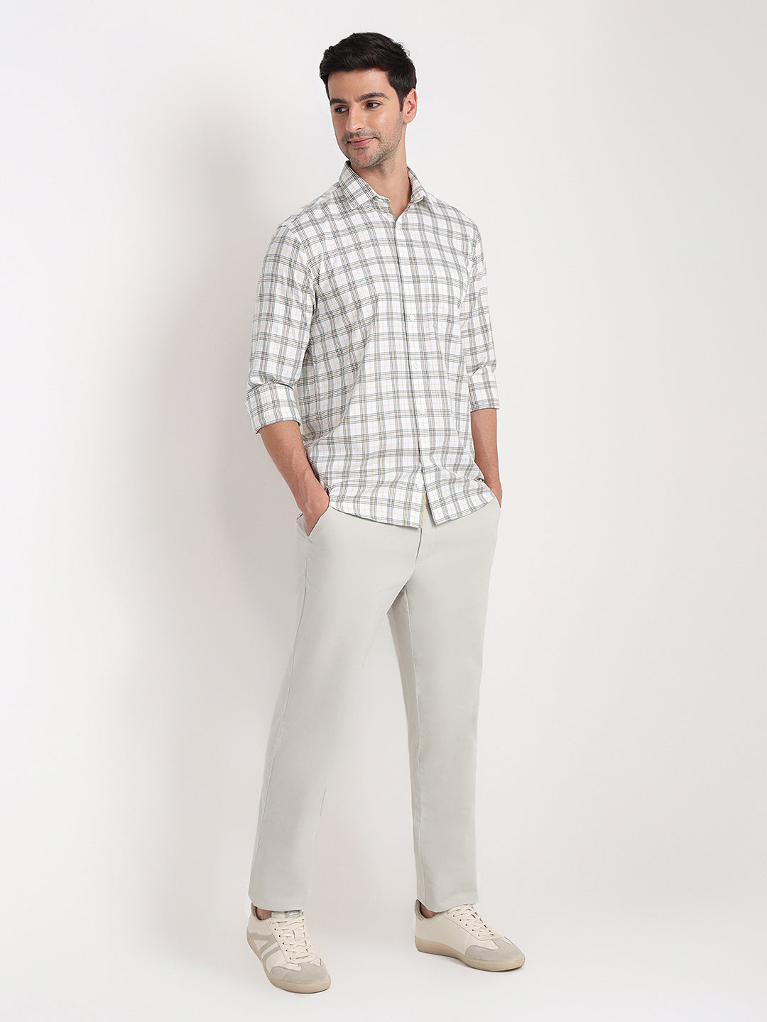 Colorplus Men White Checks Regular Fit Cotton Full Sleeve Casual Shirt