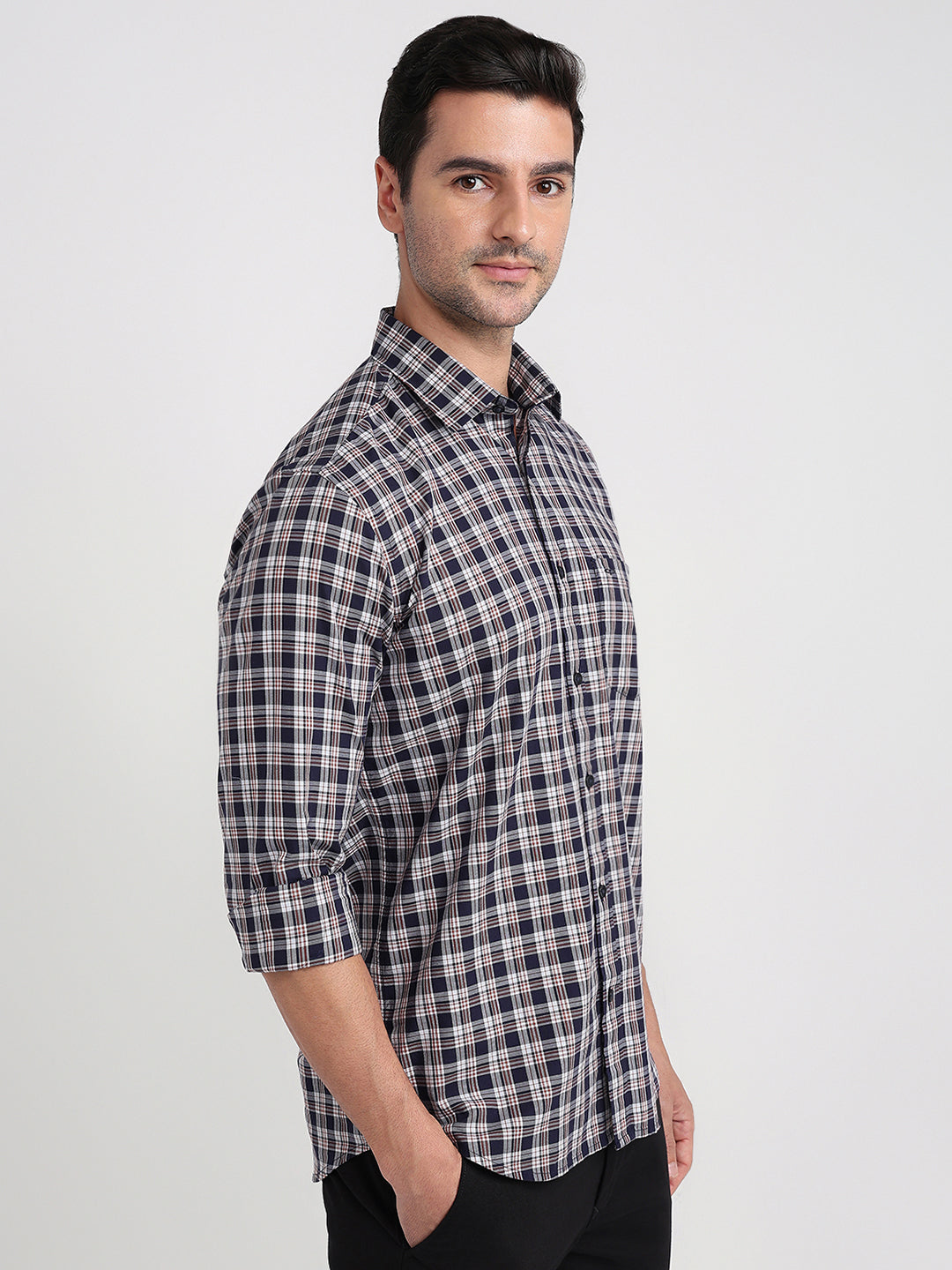 Colorplus Men Blue Checks Regular Fit Cotton Full Sleeve Casual Shirt