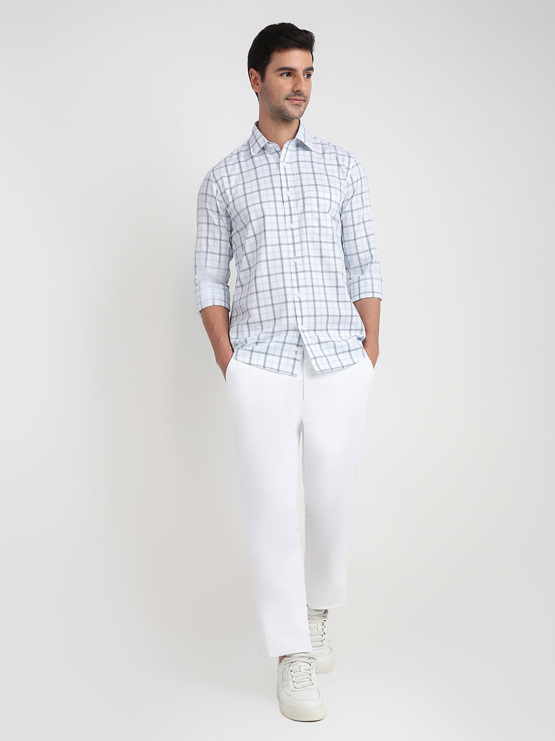 Colorplus Men White Checks Regular Fit Cotton Full Sleeve Casual Shirt