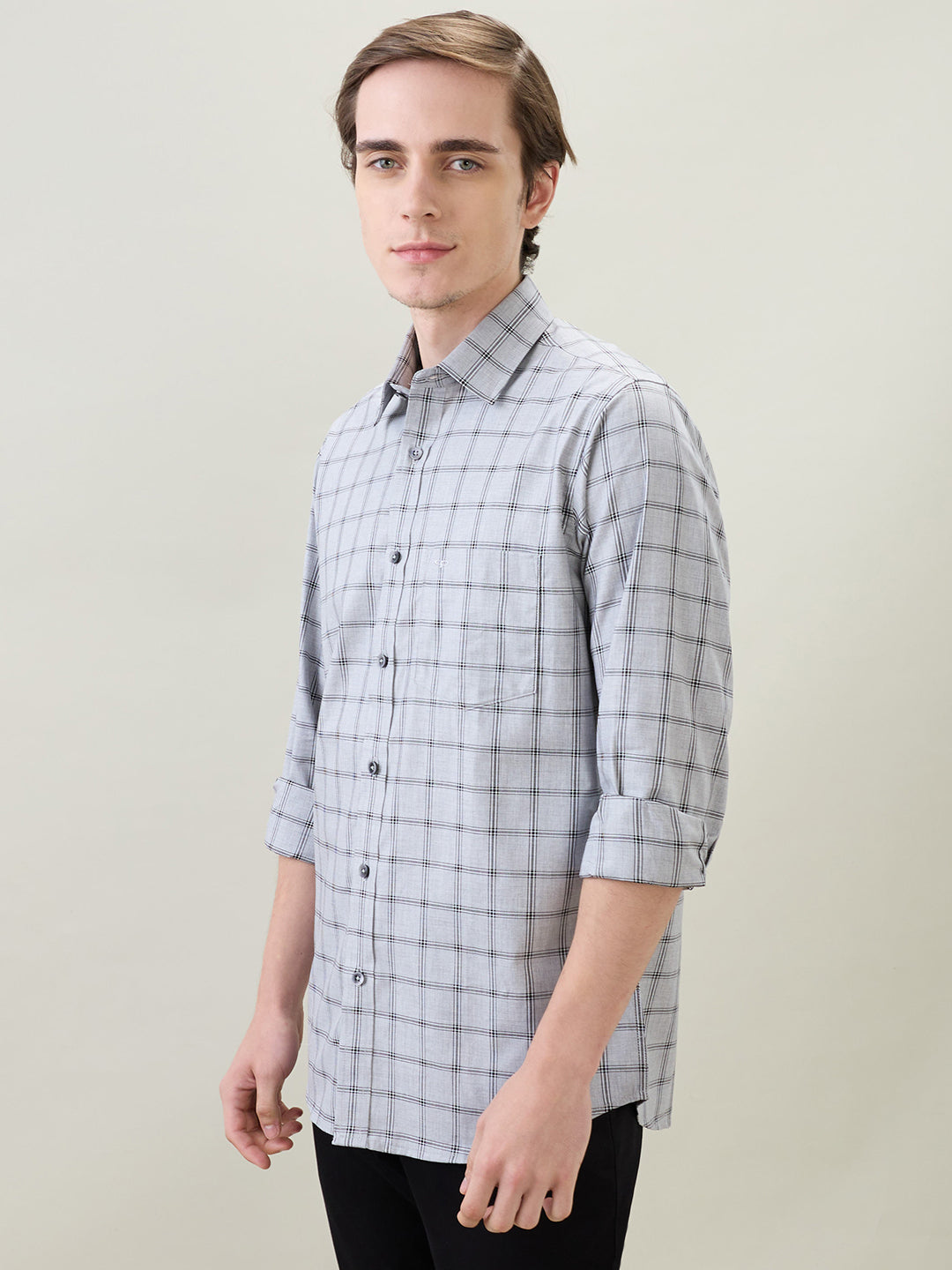 Colorplus Men Grey Checks Regular Fit Cotton Full Sleeve Casual Shirt