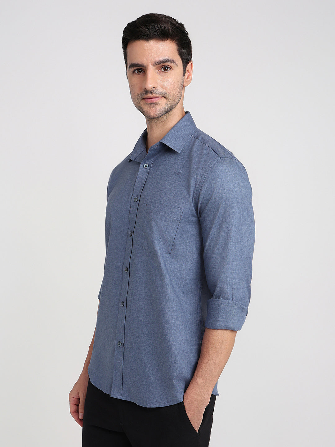 Colorplus Men Blue Solid Regular Fit Cotton Full Sleeve Casual Shirt