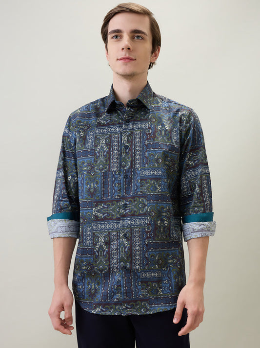 Colorplus Men Blue Printed Regular Fit Cotton Full Sleeve Casual Shirt