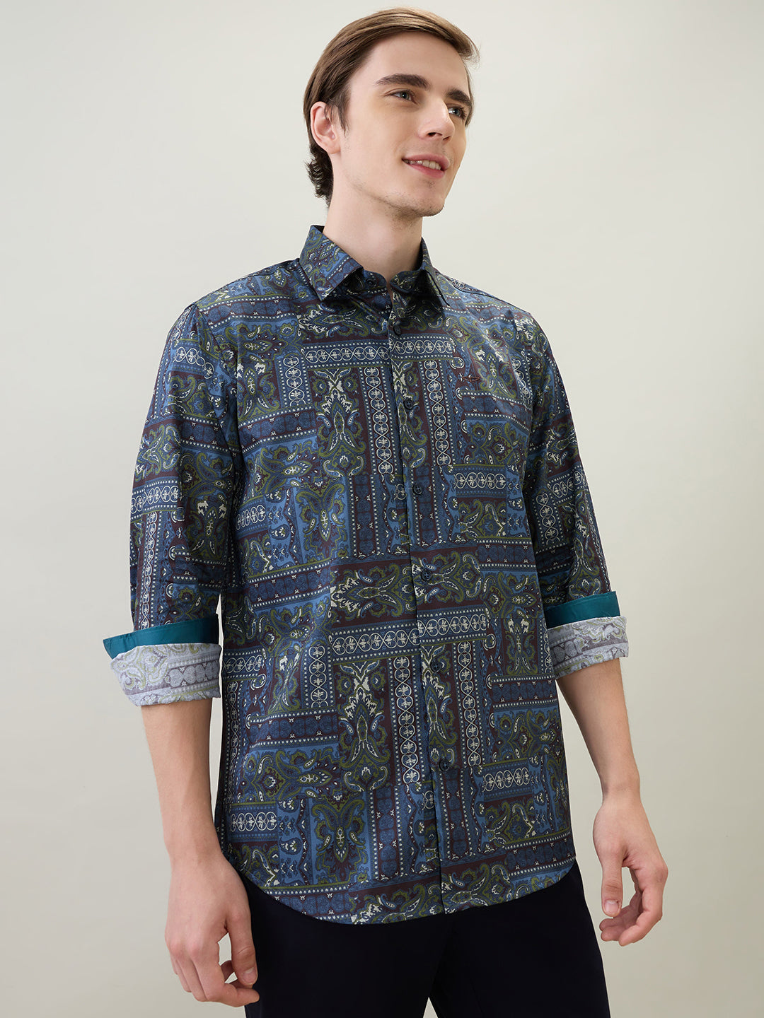 Colorplus Men Blue Printed Regular Fit Cotton Full Sleeve Casual Shirt