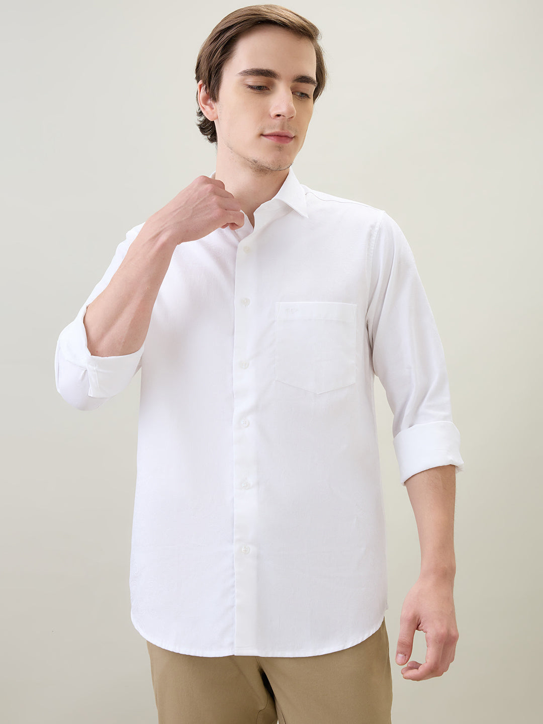 Colorplus Men White Jacquard Regular Fit Cotton Full Sleeve Casual Shirt