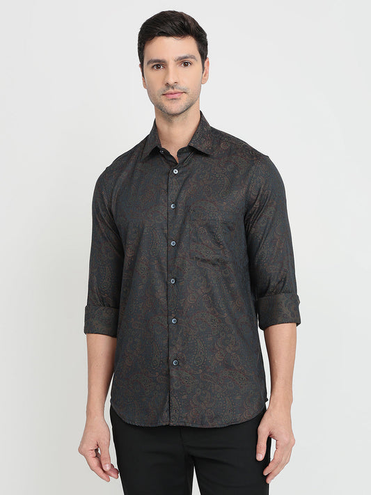 Colorplus Men Green Jacquard Regular Fit Cotton Full Sleeve Casual Shirt