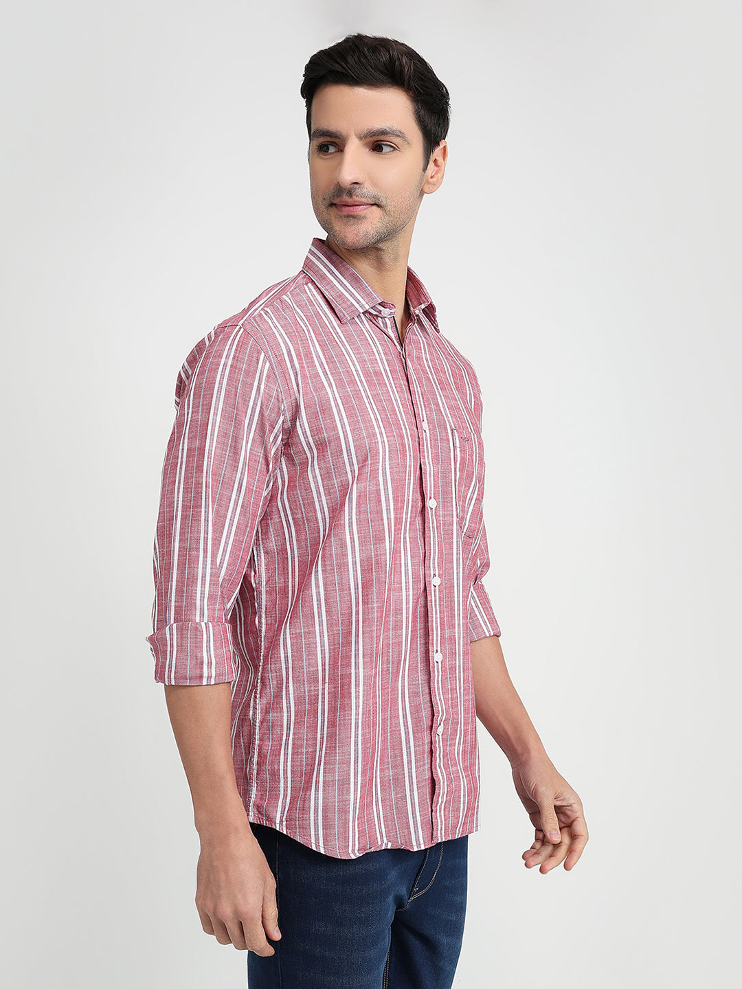 Colorplus Men Red Stripe Regular Fit Cotton Full Sleeve Casual Shirt