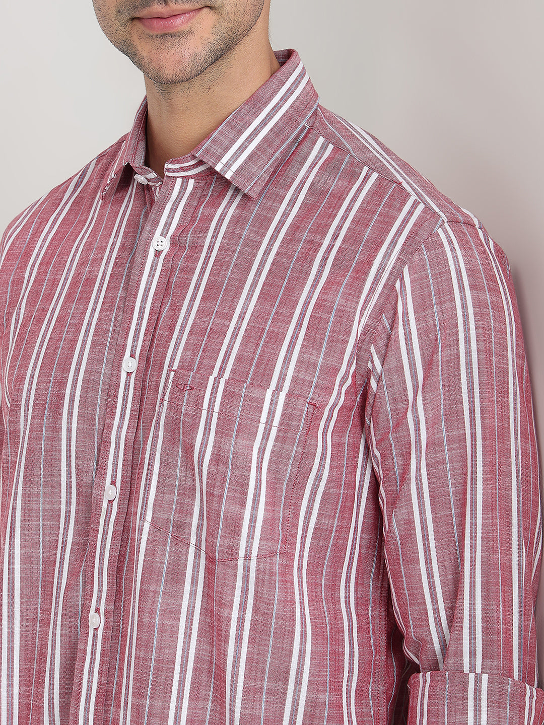 Colorplus Men Red Stripe Regular Fit Cotton Full Sleeve Casual Shirt