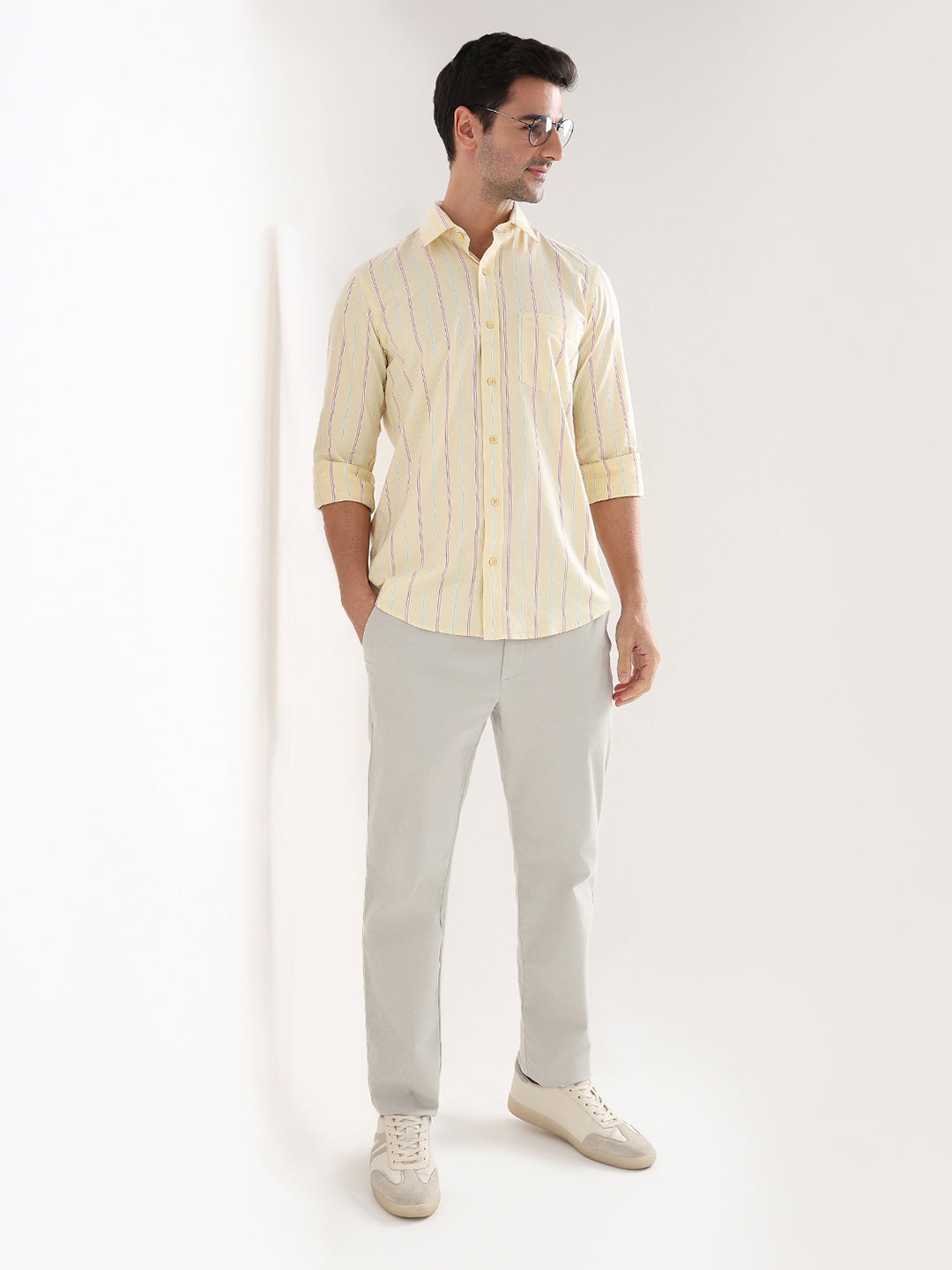 Colorplus Men Yellow Stripe Regular Fit Cotton Blend Full Sleeve Casual Shirt