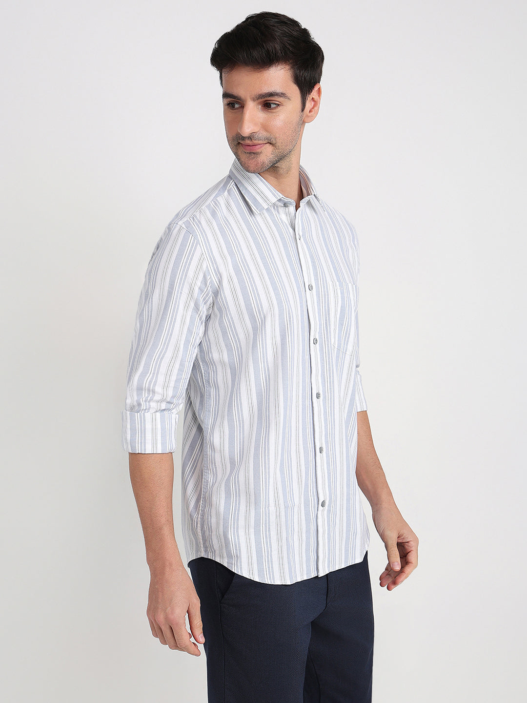 Colorplus Men White Stripe Regular Fit Cotton Blend Full Sleeve Casual Shirt