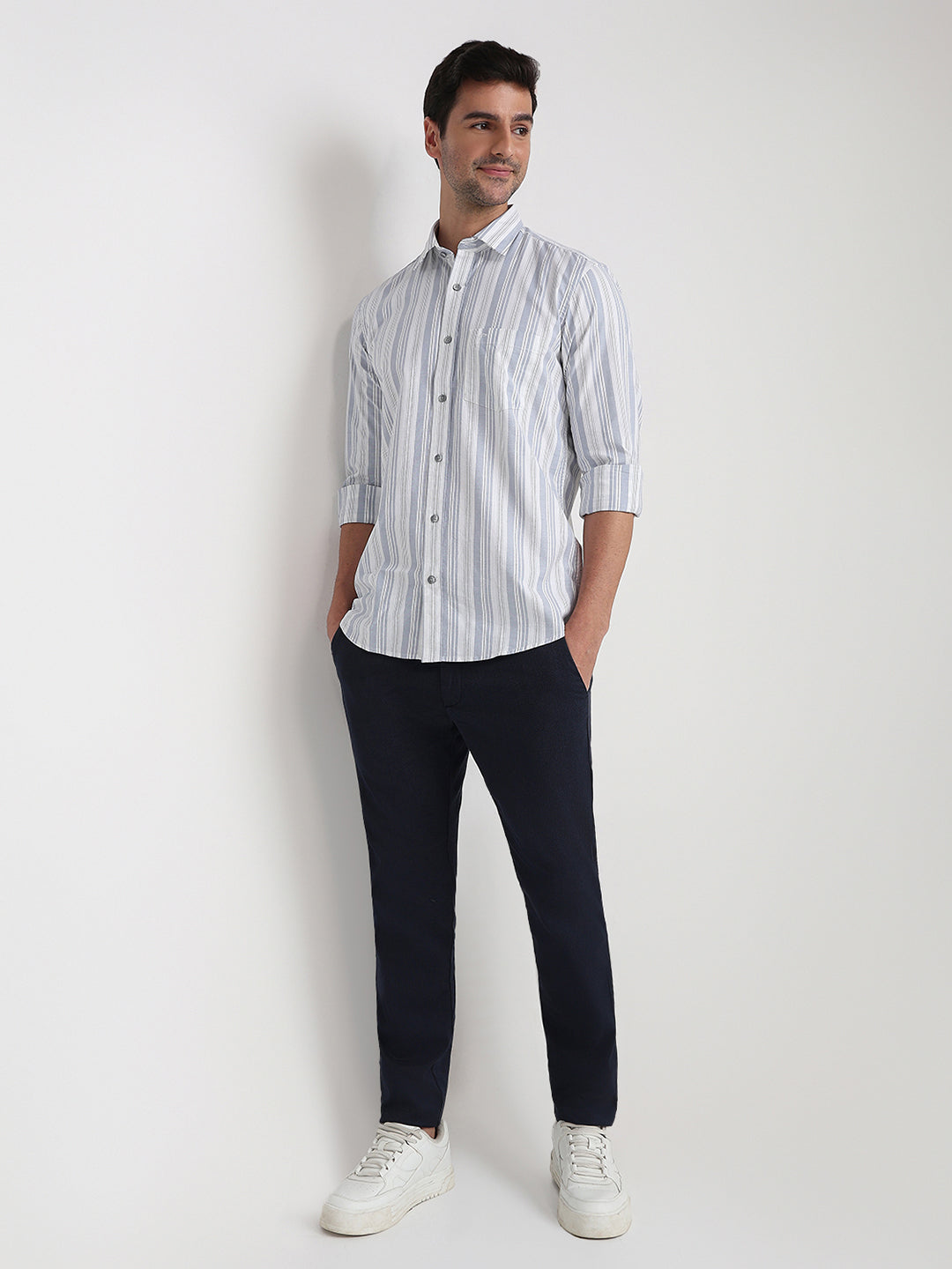 Colorplus Men White Stripe Regular Fit Cotton Blend Full Sleeve Casual Shirt