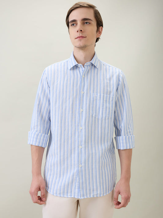 Colorplus Men Blue Stripe Regular Fit Linen Blend Full Sleeve Casual Shirt