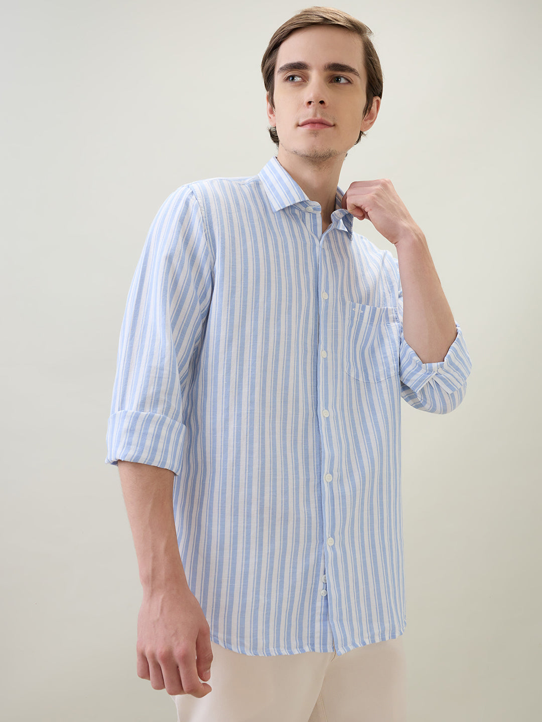 Colorplus Men Blue Stripe Regular Fit Linen Blend Full Sleeve Casual Shirt