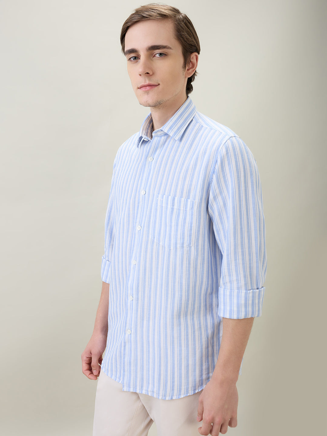 Colorplus Men Blue Stripe Regular Fit Linen Blend Full Sleeve Casual Shirt