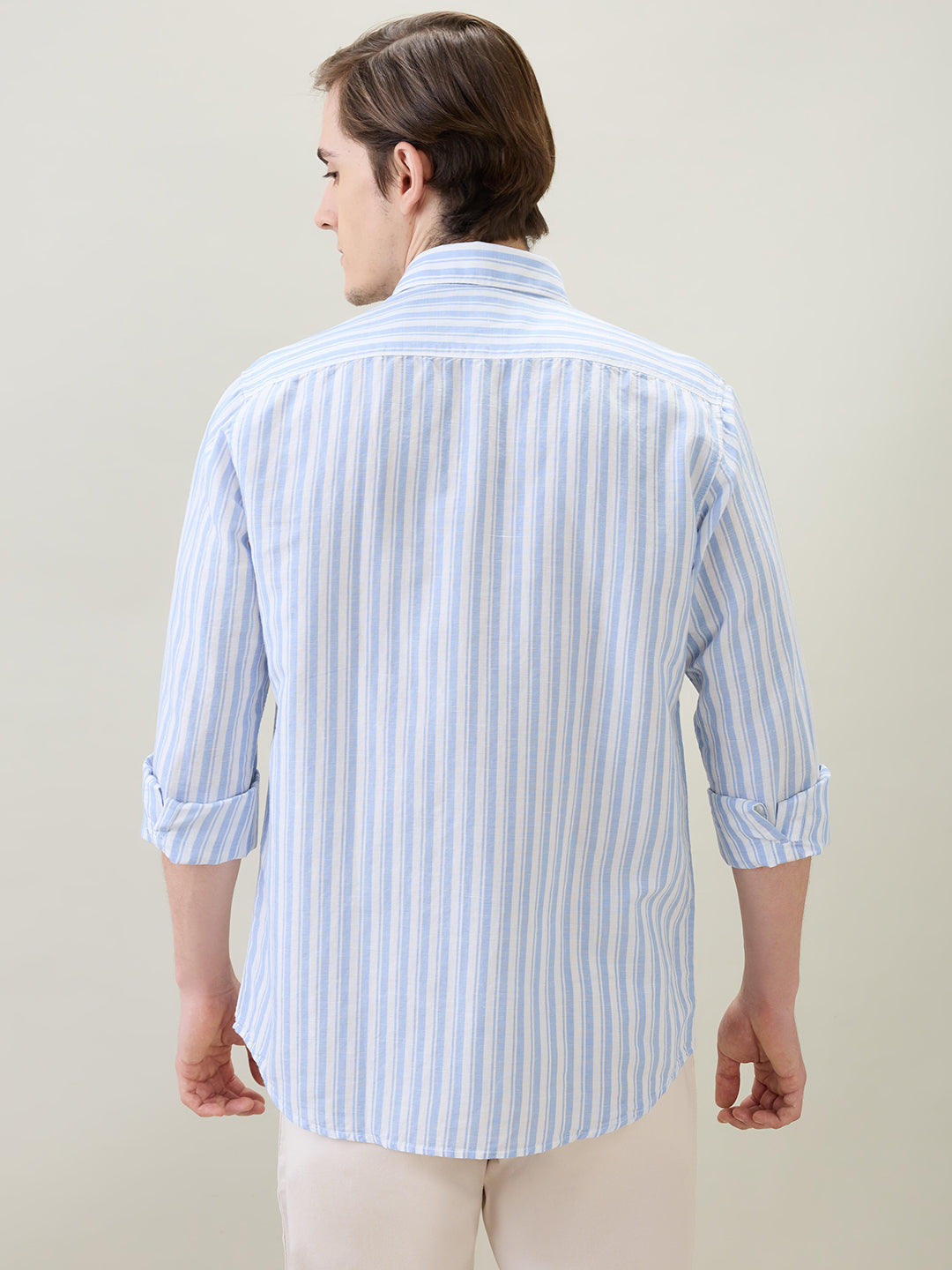 Colorplus Men Blue Stripe Regular Fit Linen Blend Full Sleeve Casual Shirt