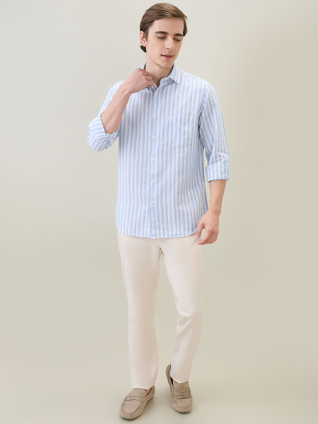 Colorplus Men Blue Stripe Regular Fit Linen Blend Full Sleeve Casual Shirt