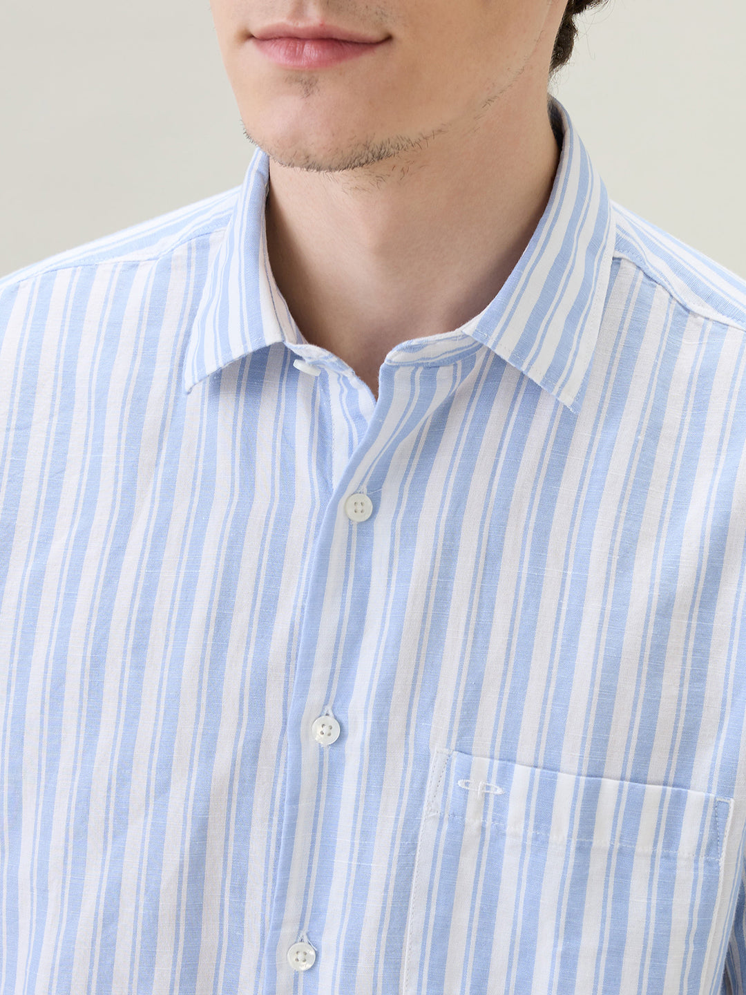 Colorplus Men Blue Stripe Regular Fit Linen Blend Full Sleeve Casual Shirt
