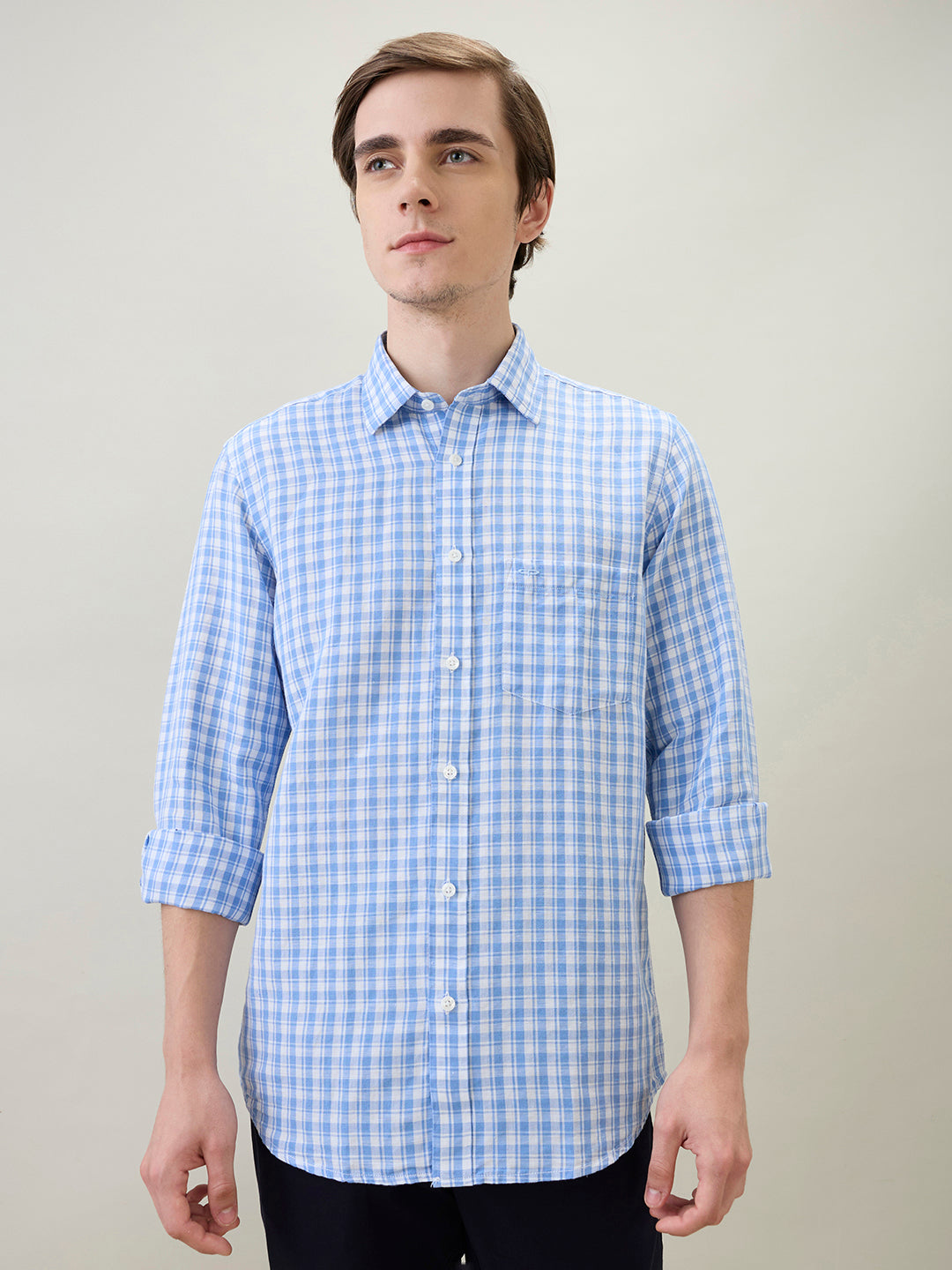 Colorplus Men Blue Checks Regular Fit Linen Blend Full Sleeve Casual Shirt