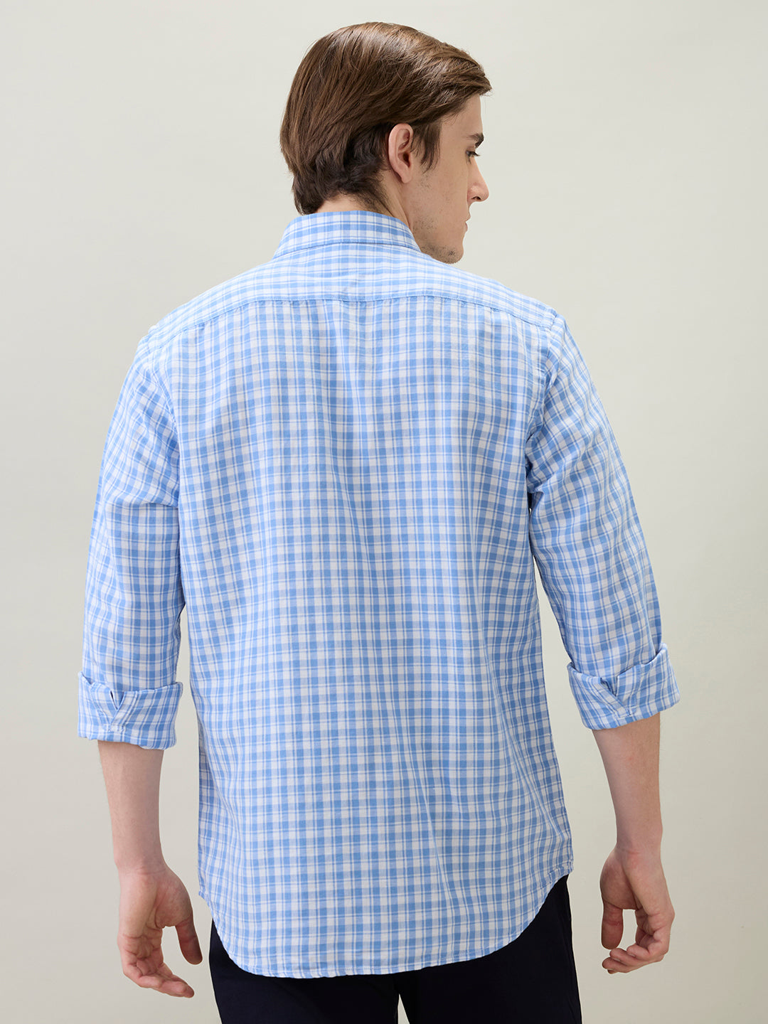 Colorplus Men Blue Checks Regular Fit Linen Blend Full Sleeve Casual Shirt