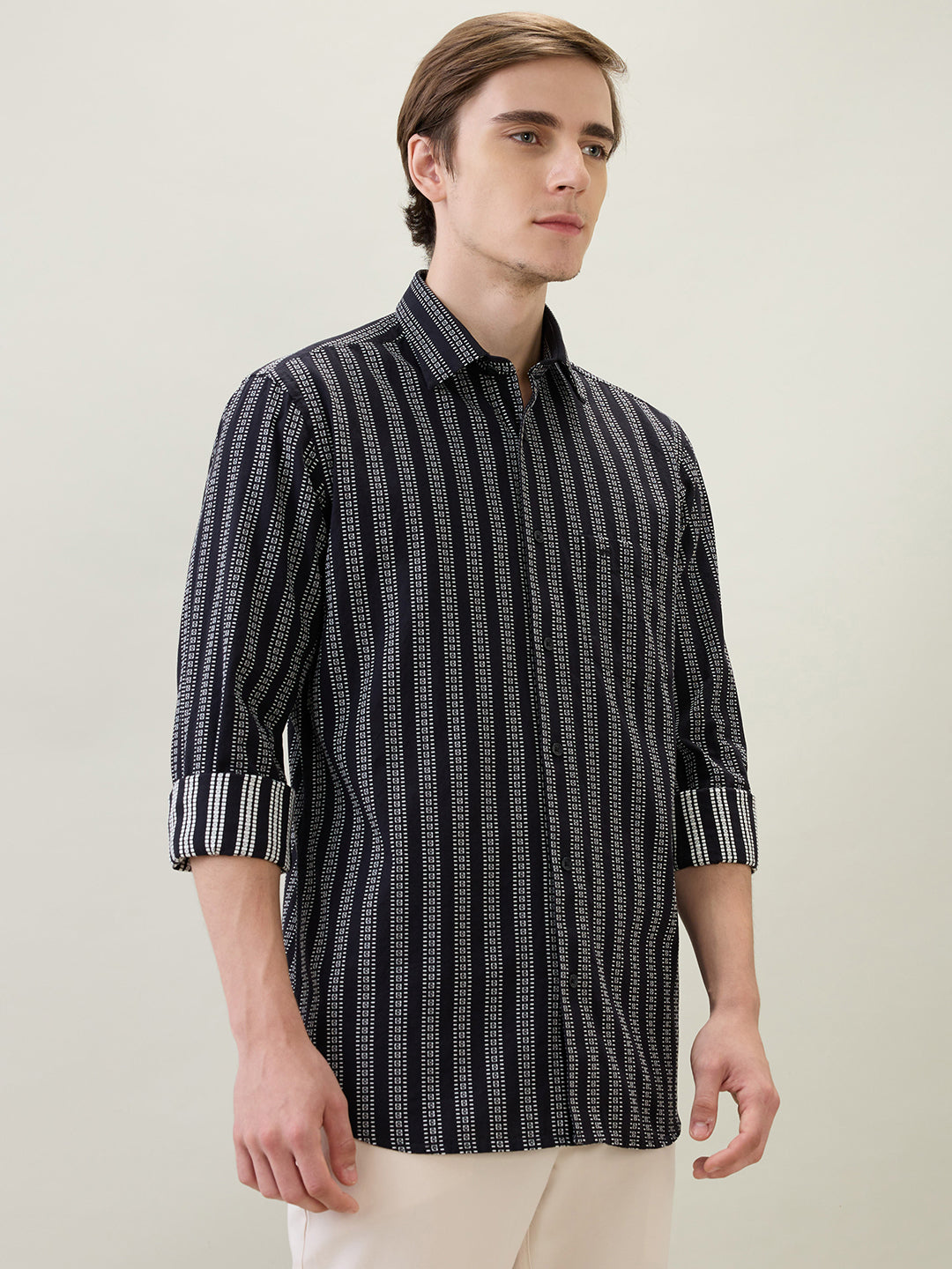 Colorplus Men Black Stripe Regular Fit Cotton Full Sleeve Casual Shirt
