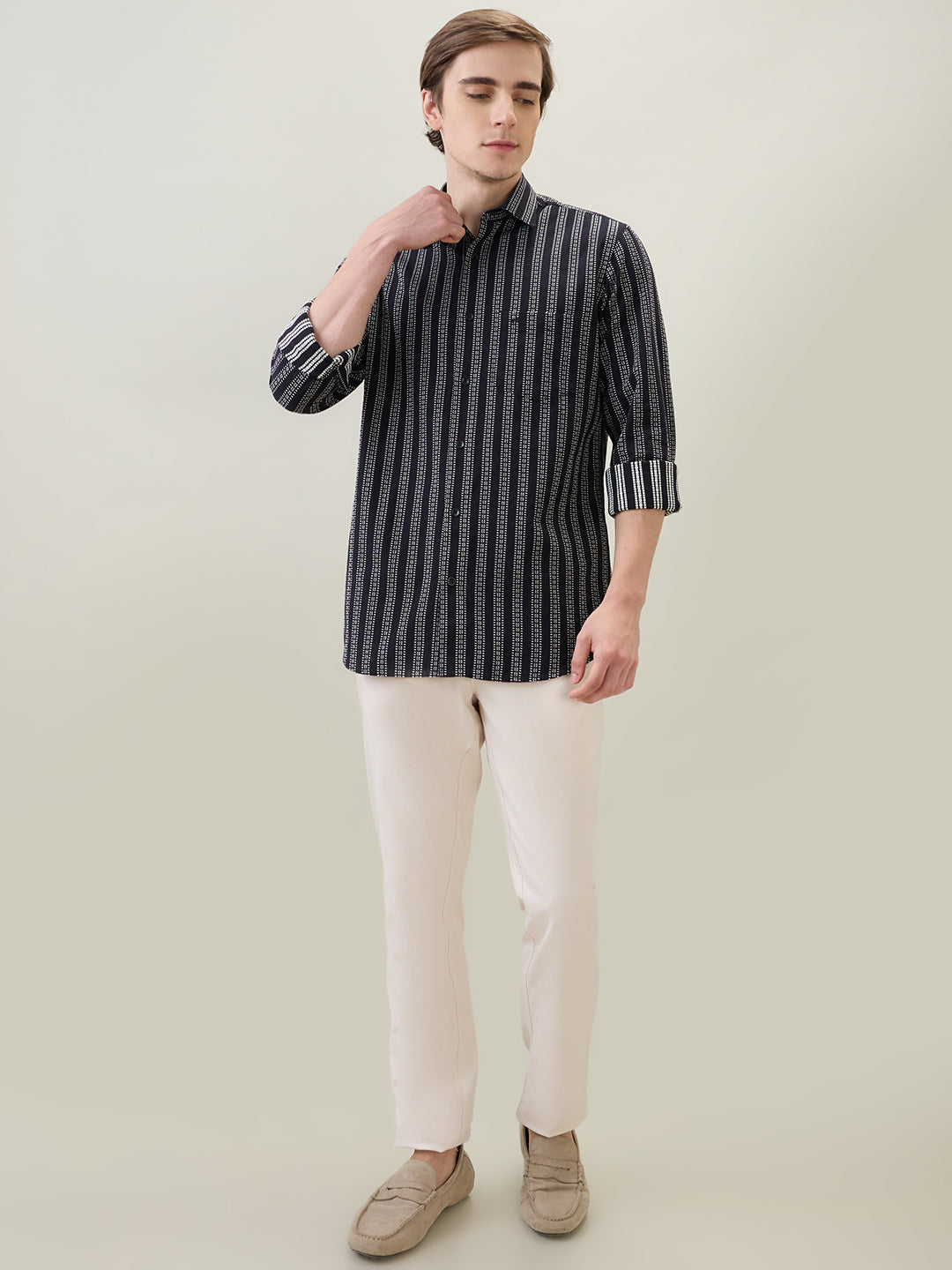 Colorplus Men Black Stripe Regular Fit Cotton Full Sleeve Casual Shirt