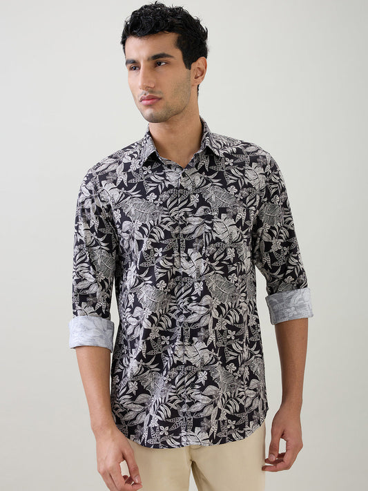 Colorplus Men Black Printed Regular Fit Cotton Full Sleeve Casual Shirt