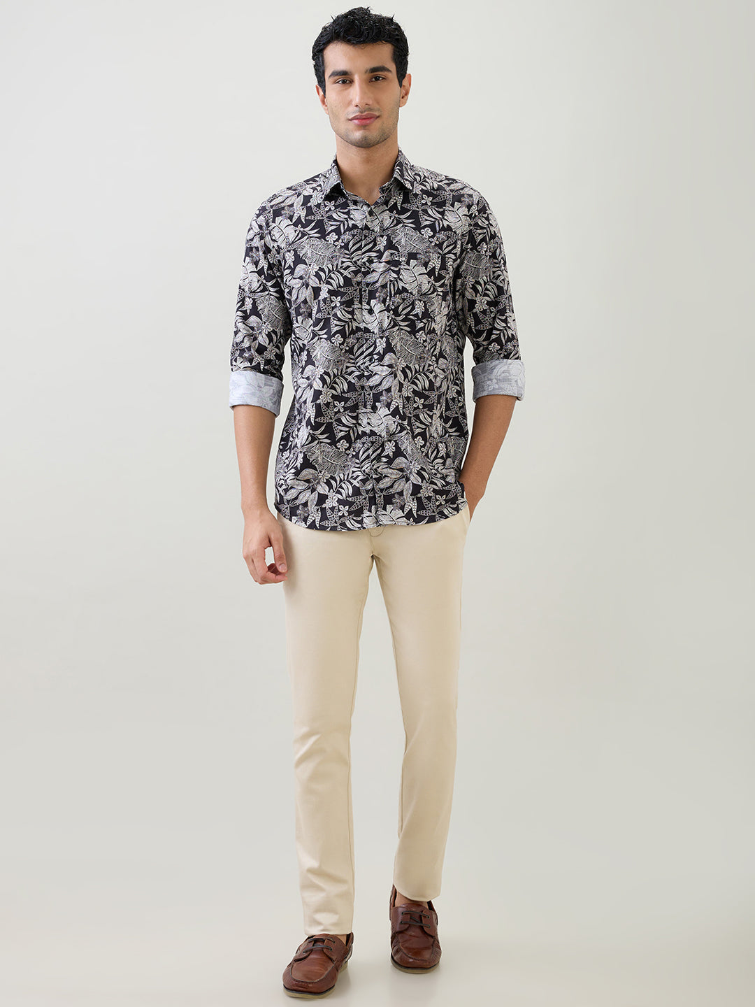 Colorplus Men Black Printed Regular Fit Cotton Full Sleeve Casual Shirt