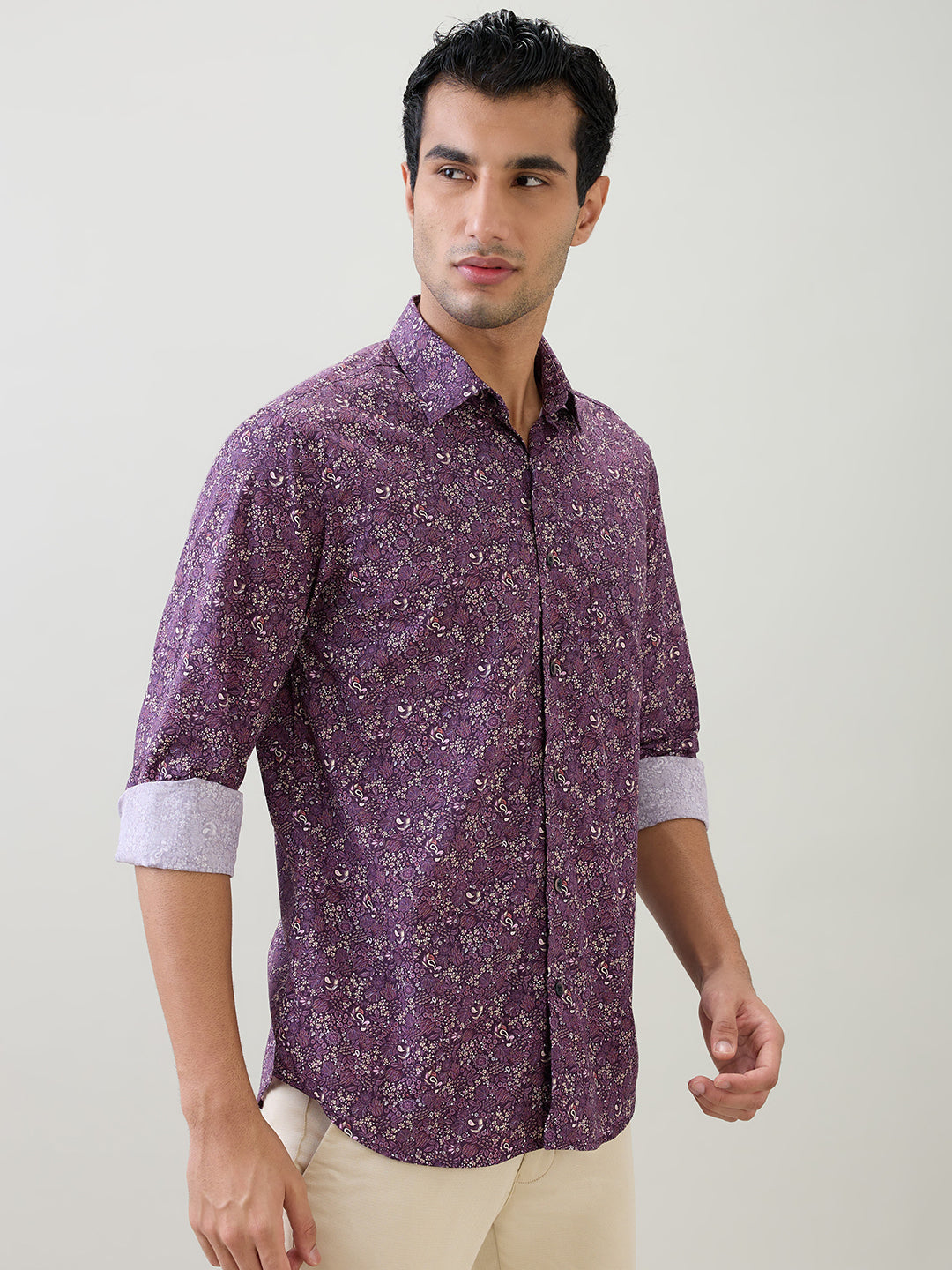 Colorplus Men Purple Printed Regular Fit Cotton Full Sleeve Casual Shirt