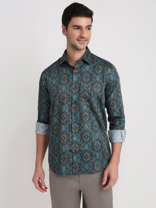Colorplus Men Blue Printed Regular Fit Cotton Full Sleeve Casual Shirt