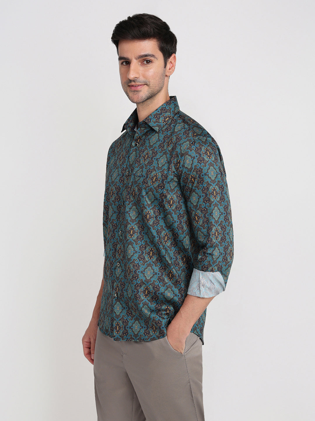 Colorplus Men Blue Printed Regular Fit Cotton Full Sleeve Casual Shirt