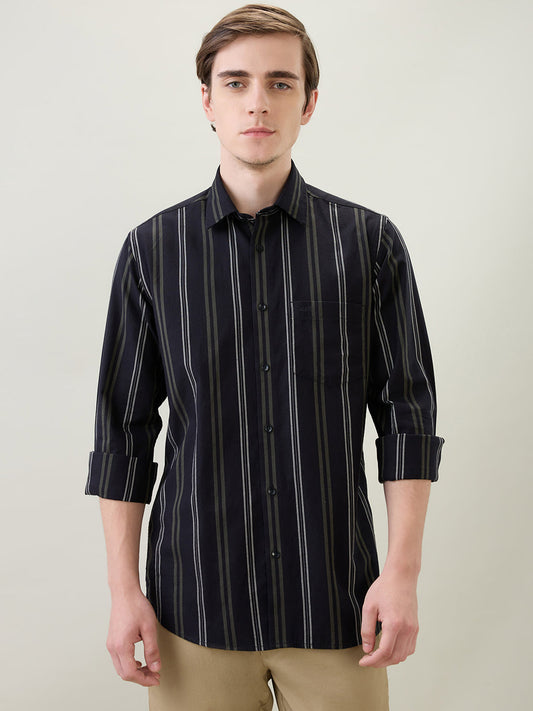 Colorplus Men Black Stripe Regular Fit Cotton Full Sleeve Casual Shirt