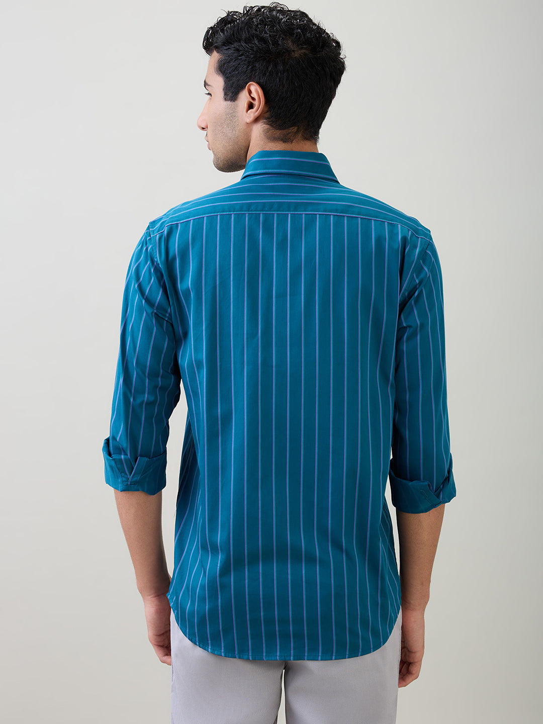 Colorplus Men Blue Stripe Regular Fit Cotton Full Sleeve Casual Shirt