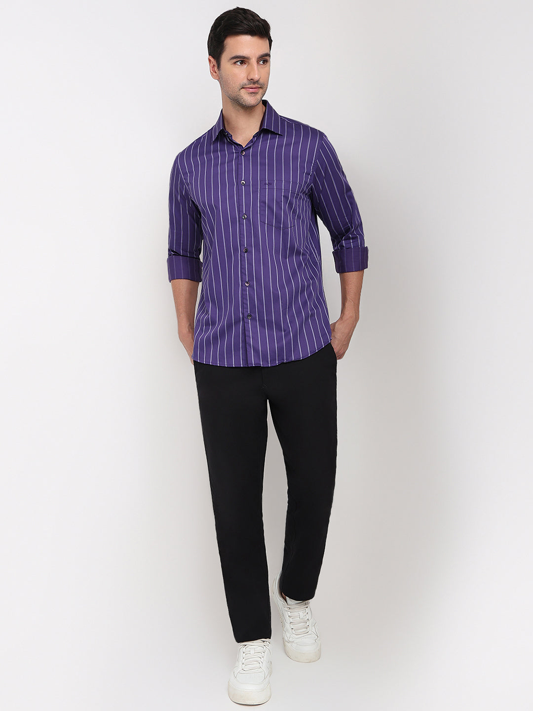 Colorplus Men Purple Stripe Regular Fit Cotton Full Sleeve Casual Shirt