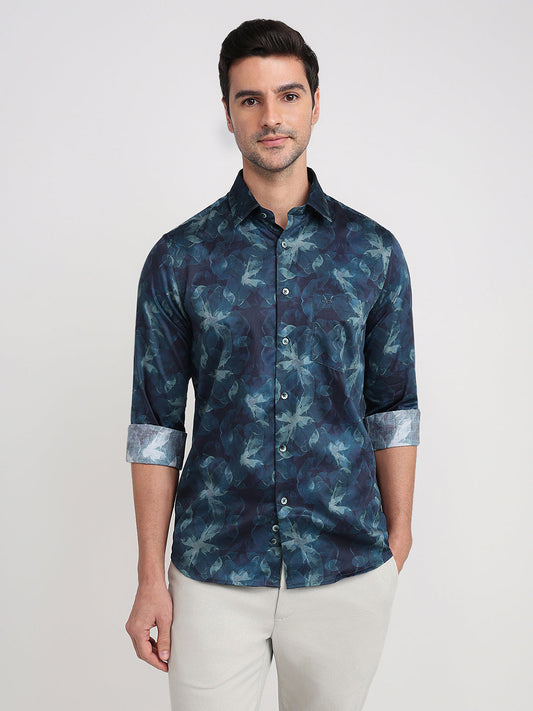 Colorplus Men Blue Printed Regular Fit Cotton Full Sleeve Casual Shirt