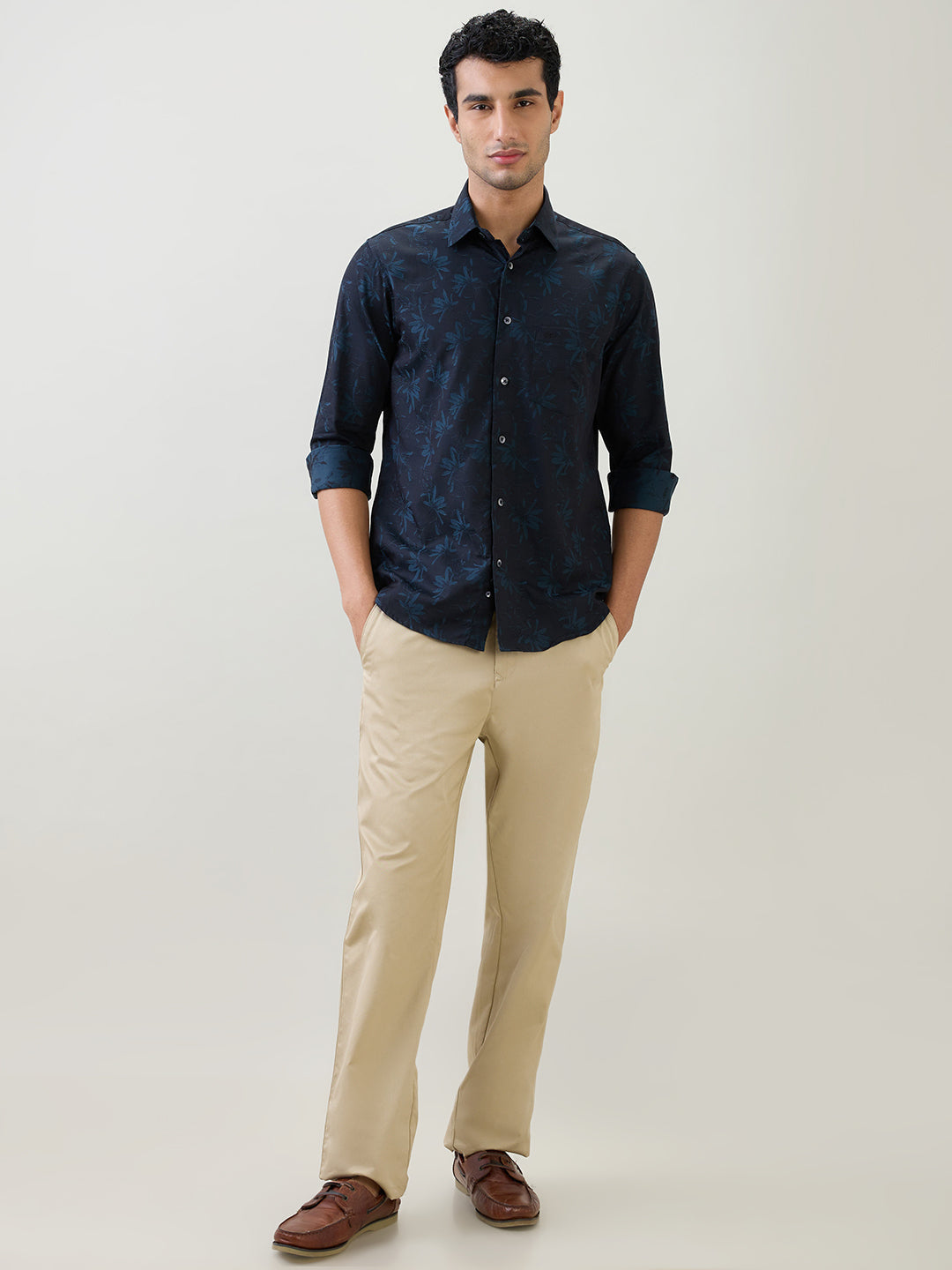 Colorplus Men Blue Jacquard Regular Fit Cotton Full Sleeve Casual Shirt