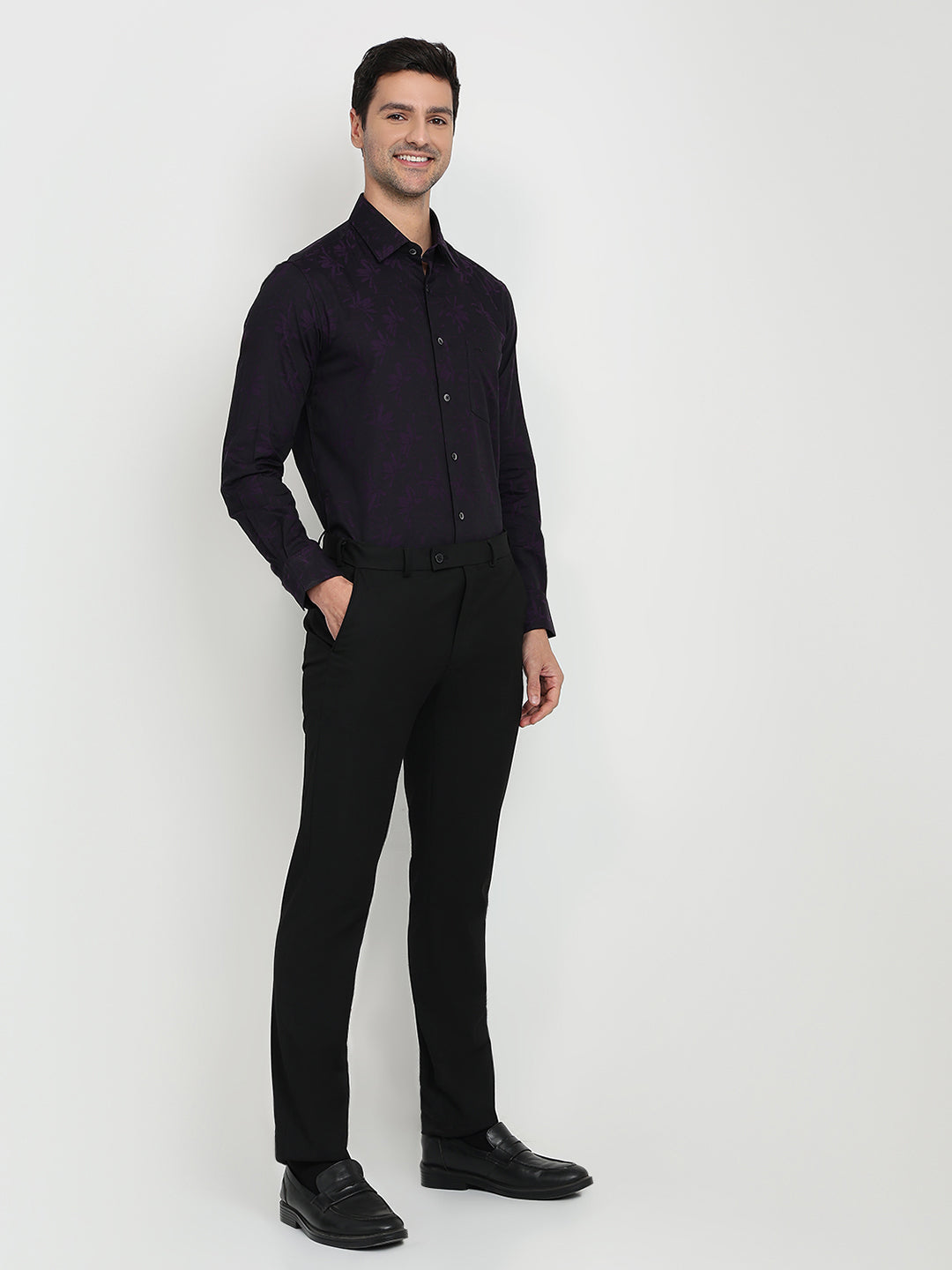 Colorplus Men Purple Jacquard Regular Fit Cotton Full Sleeve Casual Shirt