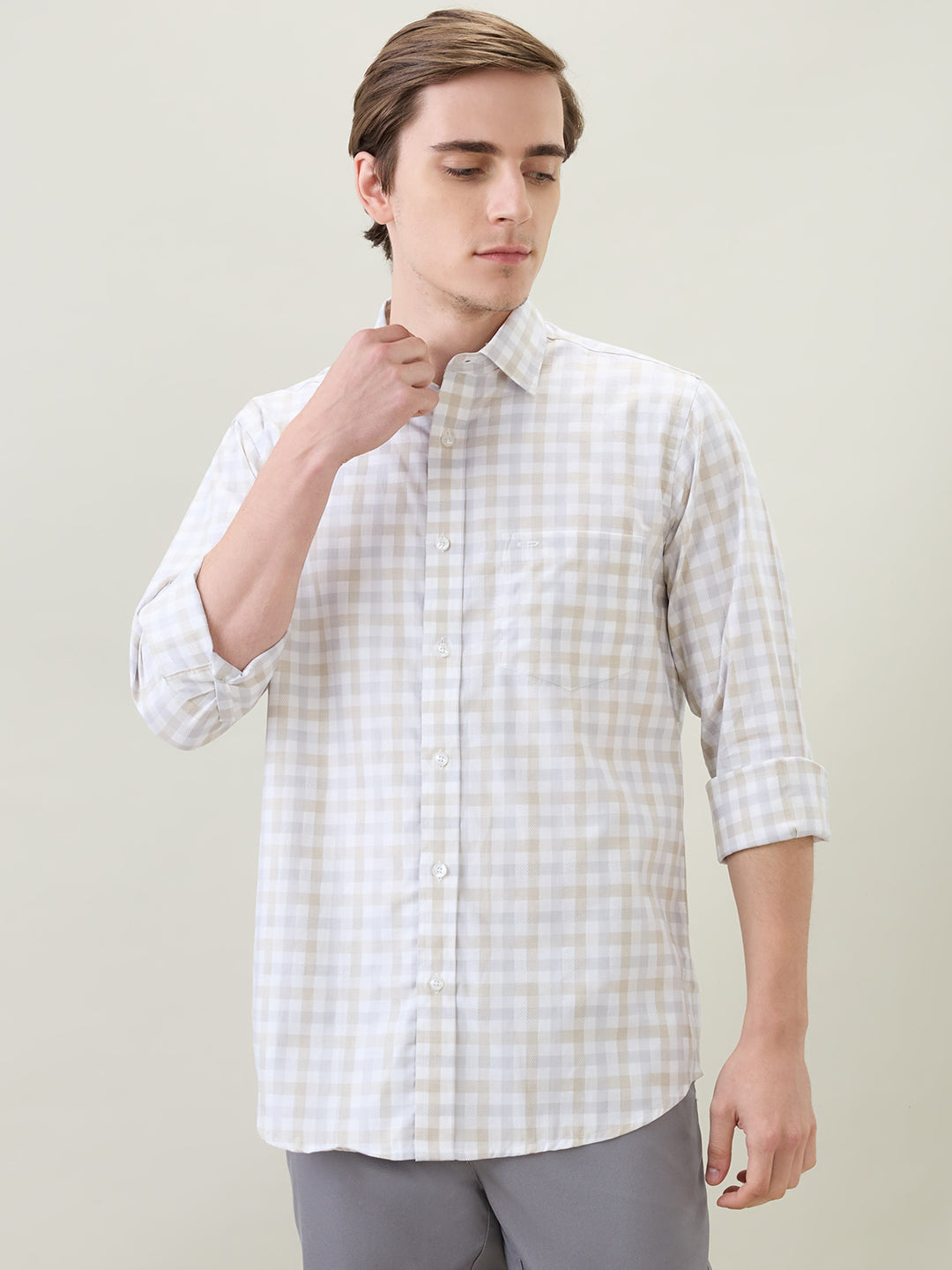 Colorplus Men Khaki Checks Regular Fit Cotton Full Sleeve Casual Shirt