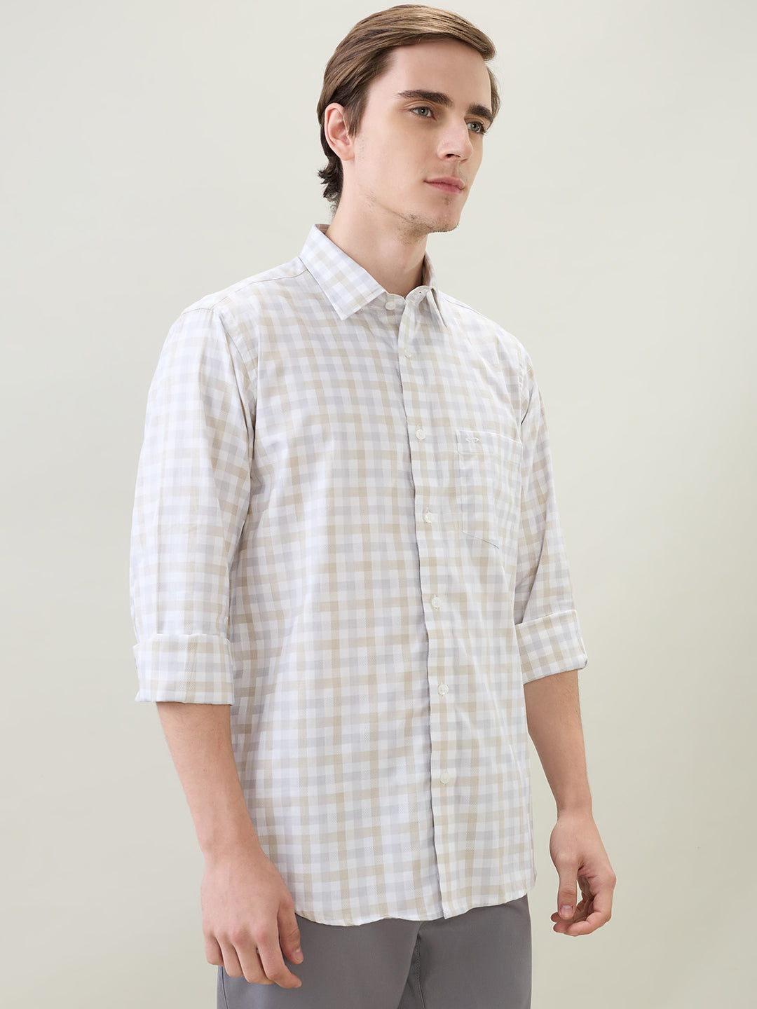 Colorplus Men Khaki Checks Regular Fit Cotton Full Sleeve Casual Shirt