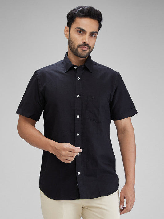 Colorplus Black Solid Piece Dyed Tailored Fit Linen Blend Casual Shirt