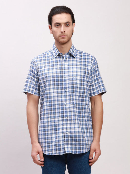 Colorplus Men Blue Checkered Tailored Fit Half Sleeve Spread Collar Shirt