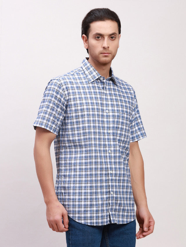 Colorplus Men Blue Checkered Tailored Fit Half Sleeve Spread Collar Shirt