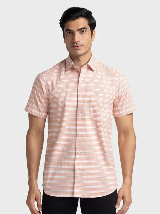 Men Orange Tailored Fit Weft Stripe Cotton Half Sleeve Shirts