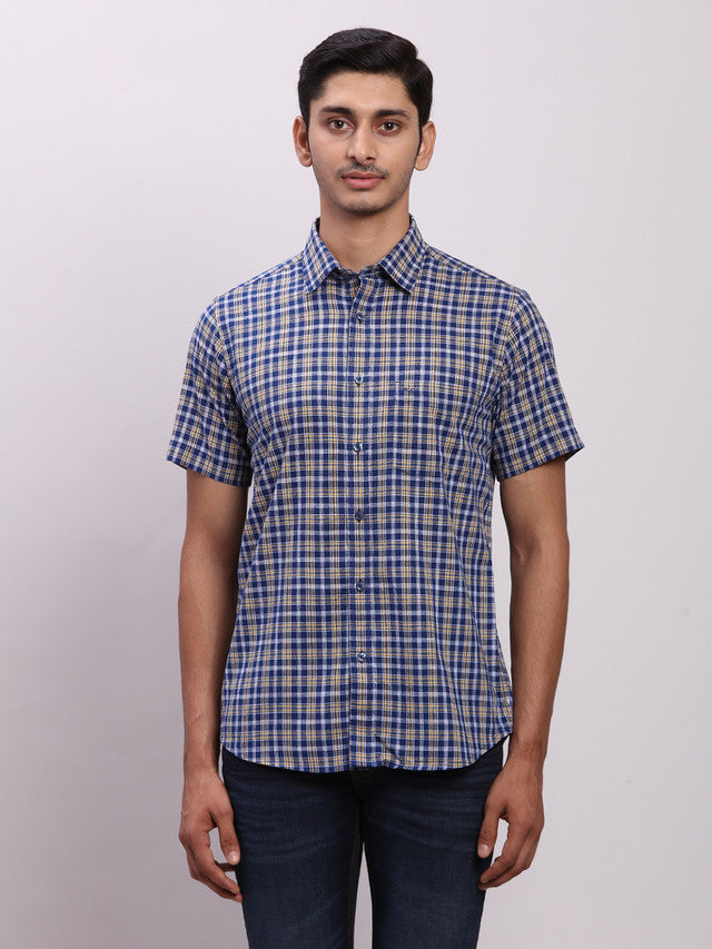 Colorplus Blue Checks Regular Fit Half Sleeve Cotton Shirt