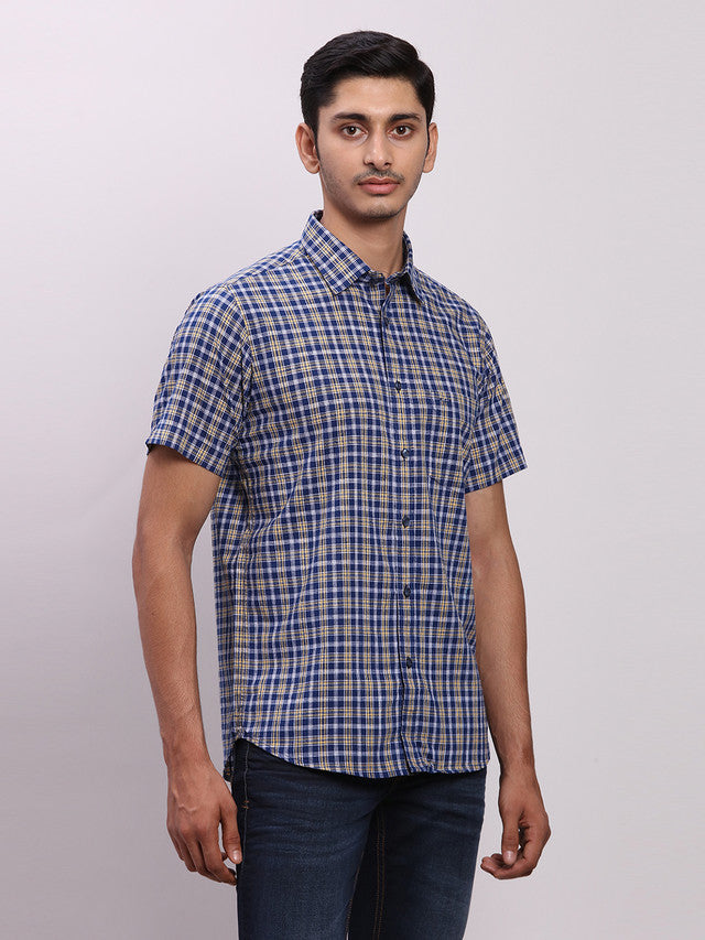 Colorplus Blue Checks Regular Fit Half Sleeve Cotton Shirt