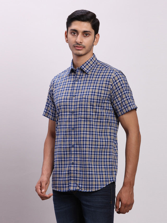 Colorplus Blue Checks Regular Fit Half Sleeve Cotton Shirt