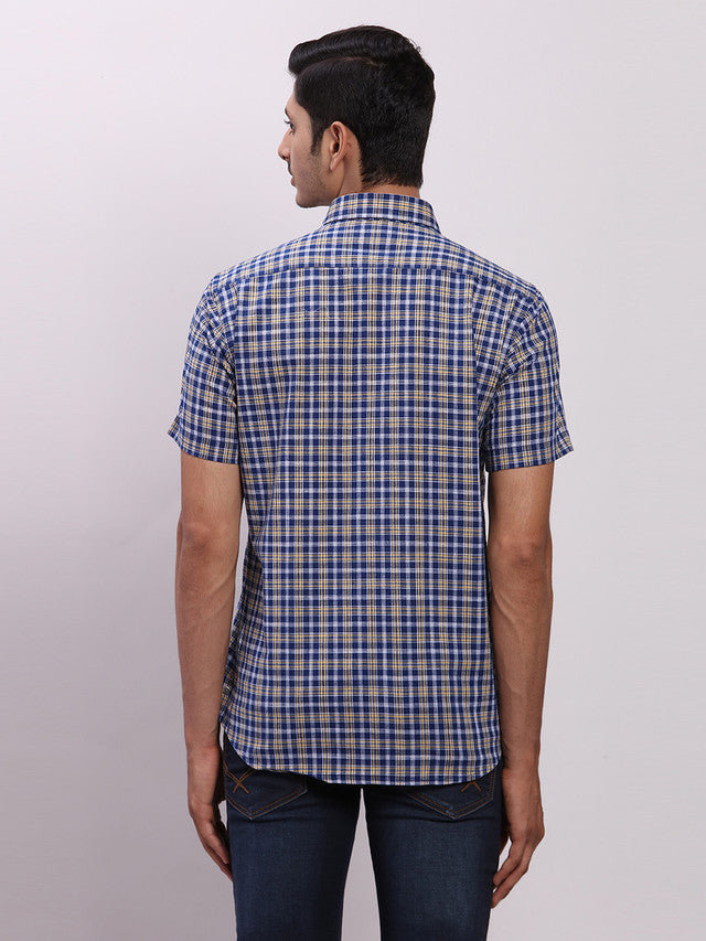 Colorplus Blue Checks Regular Fit Half Sleeve Cotton Shirt