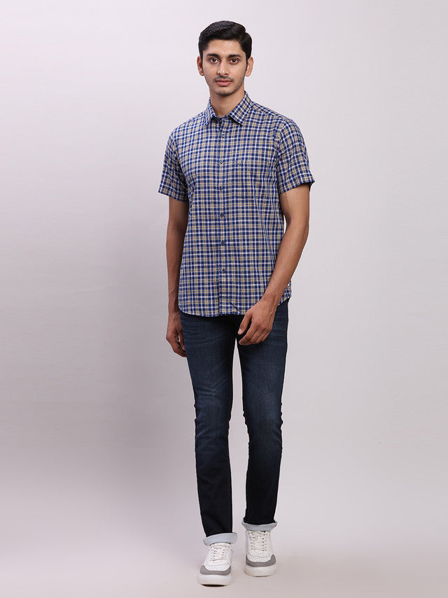 Colorplus Blue Checks Regular Fit Half Sleeve Cotton Shirt