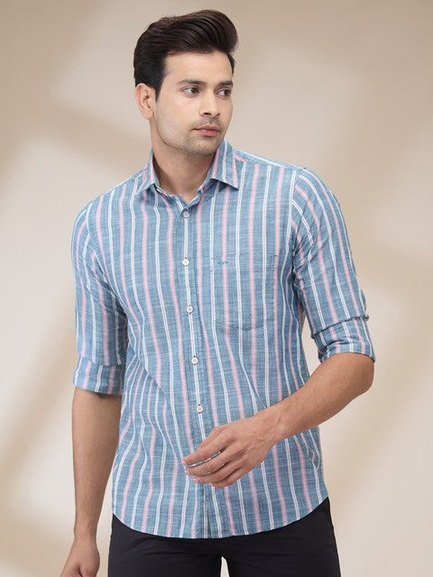 Colorplus Men Blue Stripe Regular Fit Cotton Casual Shirts