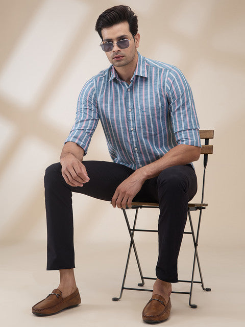 Colorplus Men Blue Stripe Regular Fit Cotton Casual Shirts