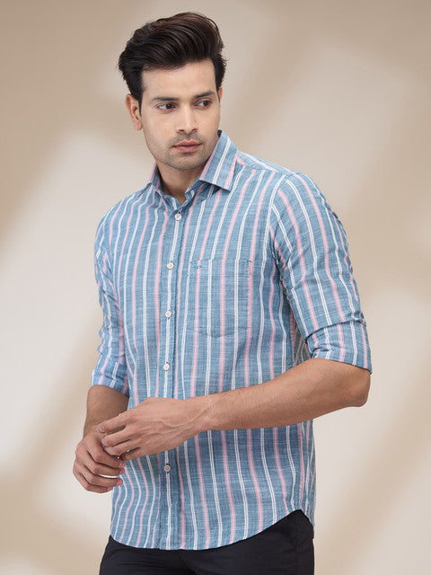 Colorplus Men Blue Stripe Regular Fit Cotton Casual Shirts