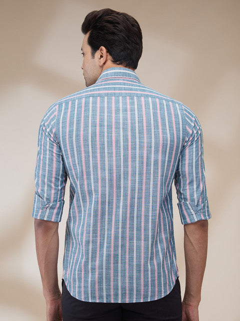 Colorplus Men Blue Stripe Regular Fit Cotton Casual Shirts